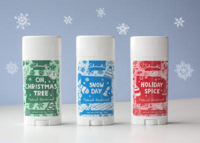 schmidt's holiday deodorant collection holiday spice snow day and oh christmas tree with illustrated snowflakes